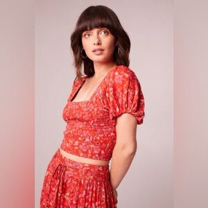 NWT Band Of The Free JOELLE CRIMSON FLORAL SMOCKED TOP Bohemian Puff Sleeve